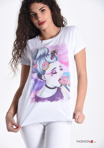 Patterned Cotton T-shirt with rhinestones - ph 1