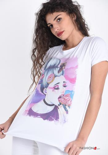 Patterned Cotton T-shirt with rhinestones - ph 3
