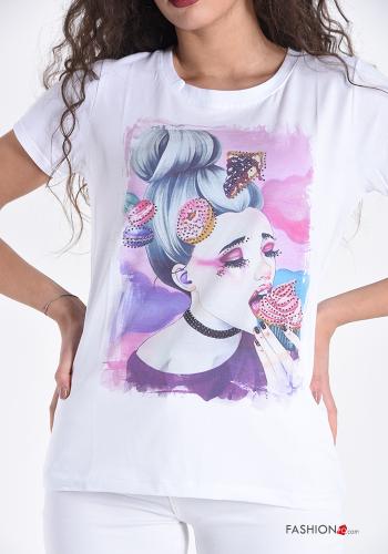 Patterned Cotton T-shirt with rhinestones - ph 4