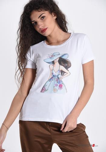 T-shirt in Cotone  con strass Fantasia stampata - ph 1
