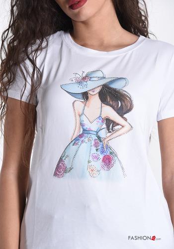 T-shirt in Cotone  con strass Fantasia stampata - ph 4