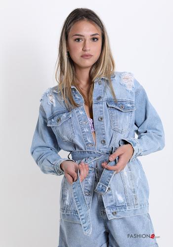 Giacca in Cotone denim con bottoni con cintura con tasche - ph 1