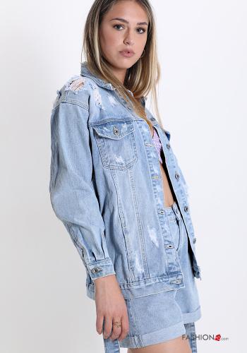 Giacca in Cotone denim con bottoni con cintura con tasche - ph 3
