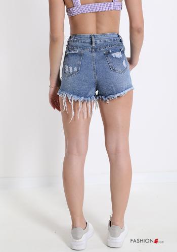 denim Cotton Shorts with pockets with fringes - ph 2