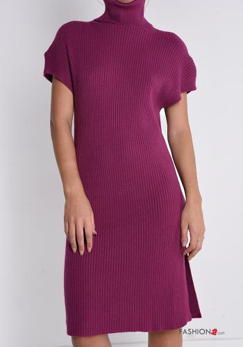 Ribbed knee-length short sleeve Dress Rollneck