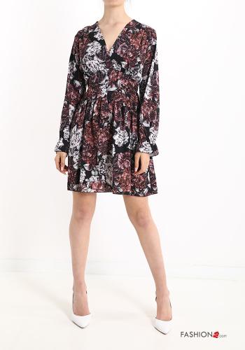 Blumenmuster V-Ausschnitt Kleid mit Knöpfen - ph 1