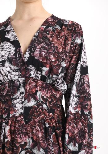Blumenmuster V-Ausschnitt Kleid mit Knöpfen - ph 4