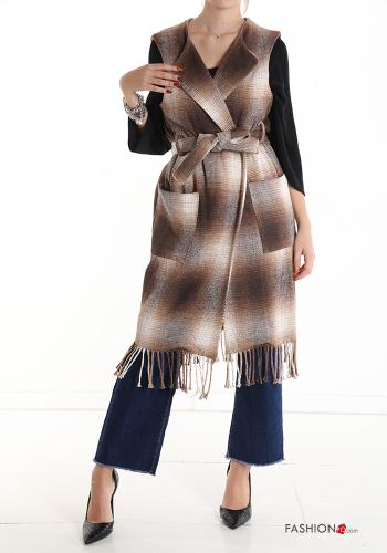 Tartan Gilet with belt with fringe with pockets