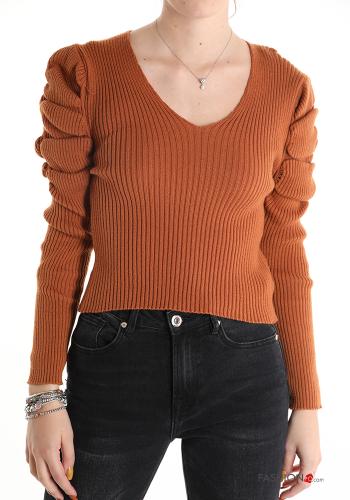 Ribbed puff sleeve Sweater with v-neck