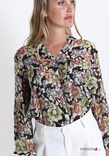 Blouse in Cotton  with buttons v-neck with pockets Floral print - ph 1