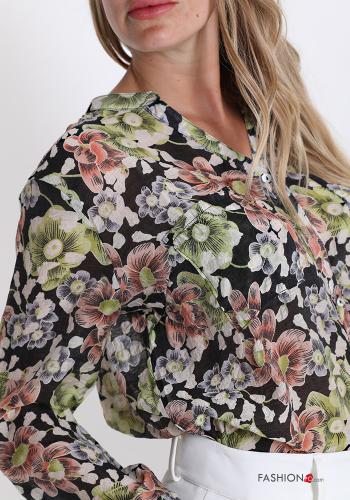 Blouse in Cotton  with buttons v-neck with pockets Floral print - ph 4