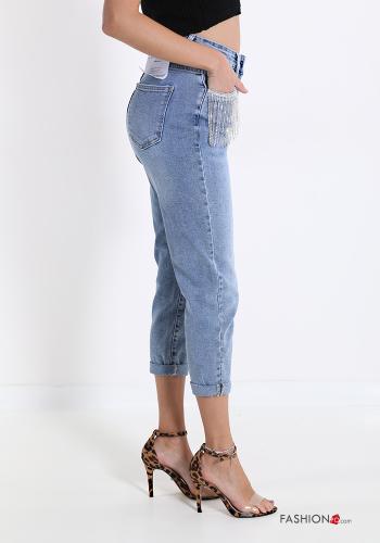 Jeans aus Baumwolle  mit Taschen mit Fransen mit Strasssteinen - ph 3