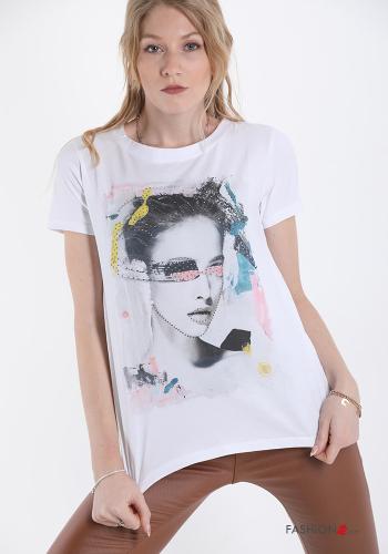 Patterned Cotton T-shirt with rhinestones - ph 1