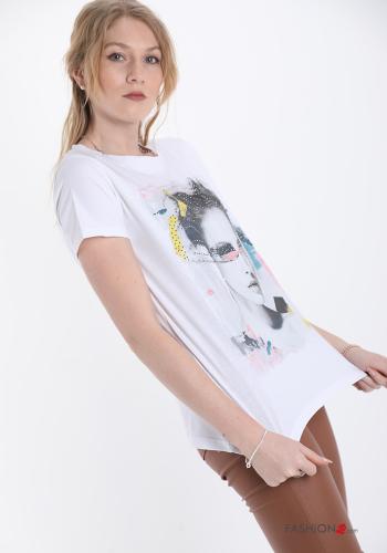 Patterned Cotton T-shirt with rhinestones - ph 3