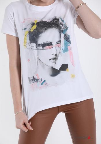 Patterned Cotton T-shirt with rhinestones - ph 4