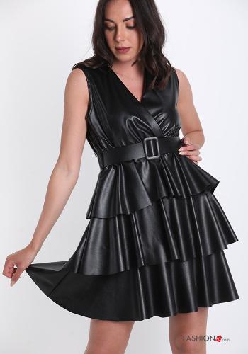 Pinafore Dress  with belt v-neck with flounces faux leather - ph 1