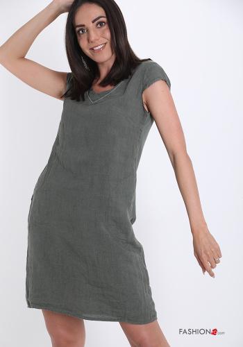 Dress in Linen  with pockets with rhinestones v-neck - ph 1