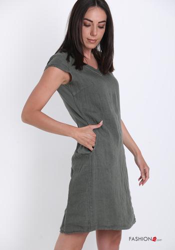 Dress in Linen  with pockets with rhinestones v-neck - ph 3