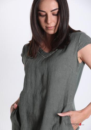 Dress in Linen  with pockets with rhinestones v-neck - ph 4