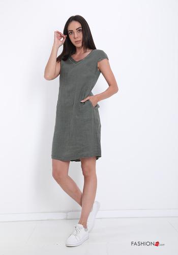 Dress in Linen  with pockets with rhinestones v-neck - ph 5