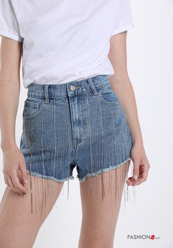 Shorts de Algodón tela vaquera con brillantes con flecos con bolsillos - ph 1