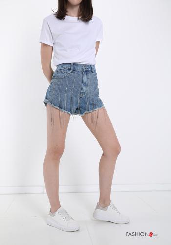 Shorts de Algodón tela vaquera con brillantes con flecos con bolsillos - ph 2