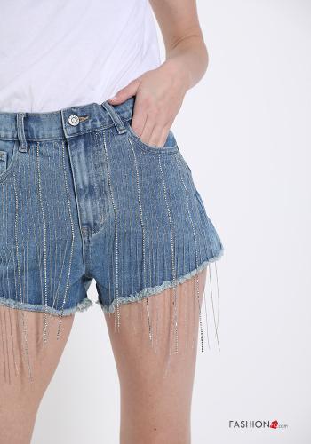 Shorts de Algodón tela vaquera con brillantes con flecos con bolsillos - ph 3