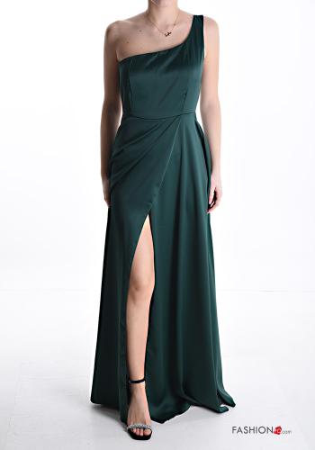 long one shoulder satin Dress with cups with split with zip