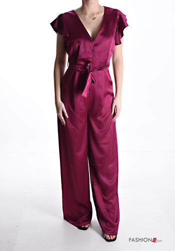satin ruffle sleeve Jumpsuit with v-neck with sash with zip