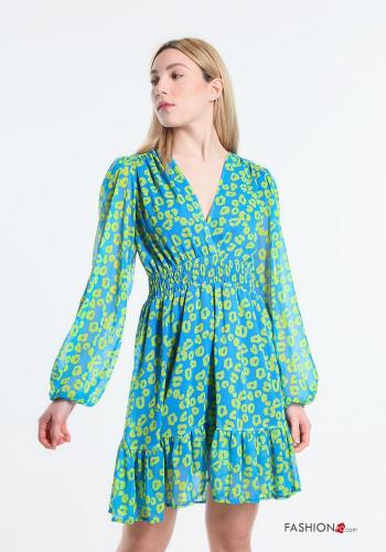 Animal print long sleeve knee-length Dress with flounces with v-neck - ph 1