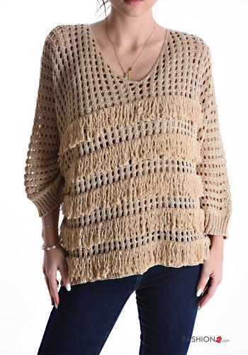 lurex fishnet Sweater with v-neck with fringe