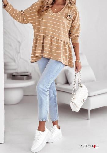 Striped Cotton Long sleeved top with flounces with v-neck - ph 1
