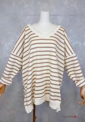 Striped ripped Cotton Sweater with v-neck