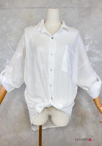 Floral Cotton Shirt 3/4 sleeve broderie anglaise with pockets