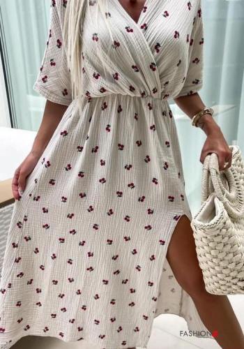 Vestido em Algodão manga curta Padrão Estampado gola V com fenda - ph 1