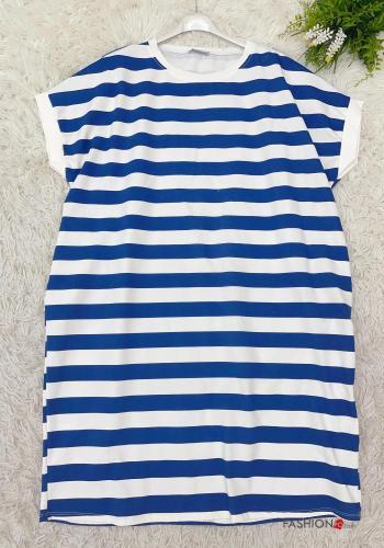 Striped short sleeve crew neck Cotton Dress with pockets - ph 1