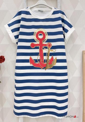 Robe en Coton manches courtes col rond Imprimé à rayures avec poches - ph 1