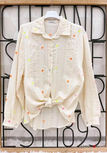 Camicia in Cotone maniche lunghe con colletto Fantasia cuore con bottoni - ph 1