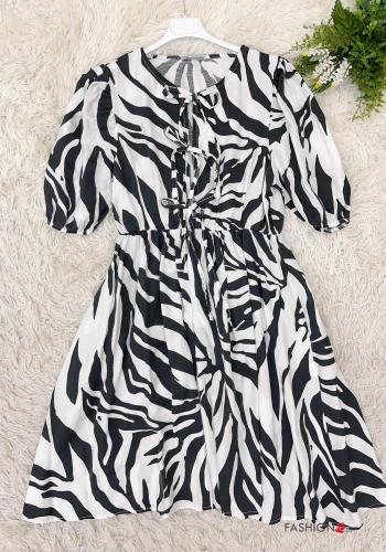 Tiermuster kurze ärmel kurz Kleid mit Schleife mit gummizug - ph 1