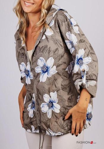 Blumenmuster Jacke aus Baumwolle mit Reißverschluss mit Kapuze - ph 1