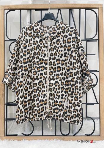 Animal print long sleeve Cotton Sweatshirt with zip with hood - ph 1