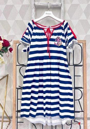 Streifenmuster kurze ärmel kurz Kleid aus Baumwolle - ph 1