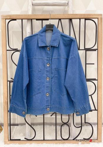 Veste en Coton en denim à collet avec poches sans doublure à boutons - ph 1