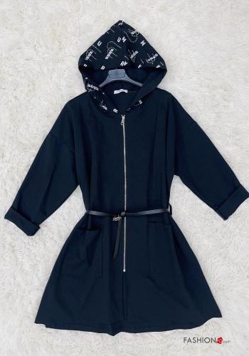 Patterned Cotton Duster Coat with belt with pockets with hood with zip - ph 1