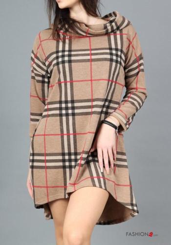 Tartan-Muster lange ärmel kurz Kleid mit Kapuze - ph 1