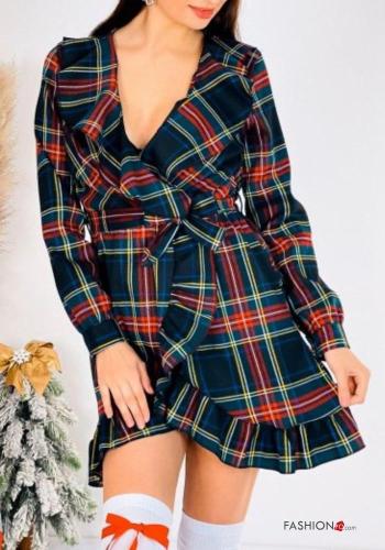 Abito maniche lunghe Fantasia tartan con cintura in stoffa con balze scollo a V - ph 1