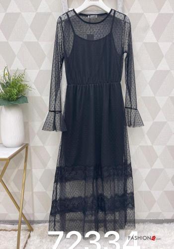 Abito girocollo tulle pizzo Fantasia pois con balze con fodera - ph 1