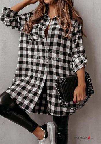 Camicia in Cotone con colletto Fantasia quadrettata vichy con bottoni con tasche - ph 1