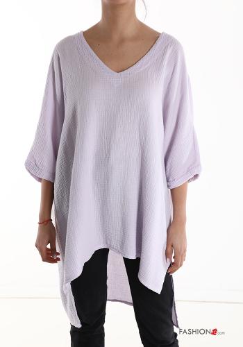 oversized asymmetrical Cotton Tunic with v-neck 3/4 sleeve - ph 1