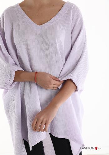 oversized asymmetrical Cotton Tunic with v-neck 3/4 sleeve - ph 4
